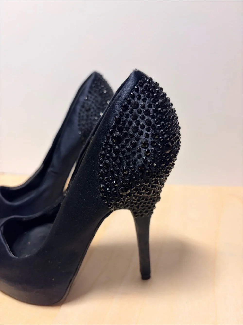 Black Crystal-Accented Peep-Toe Stiletto Heels